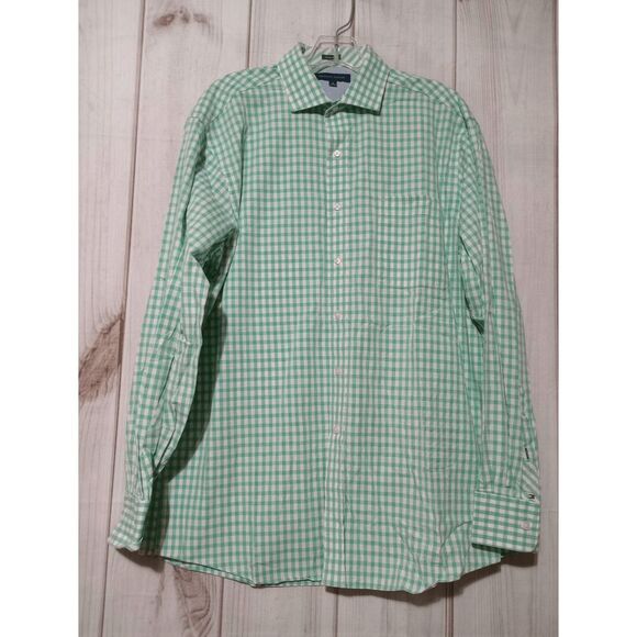 Tommy Hilfiger Shirt Men's 16 Green Gingham Button Front Long Sleeve - Picture 1 of 8